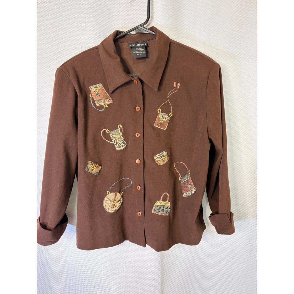 Citi Dress Brown Novelty Print Button Up Shirt Womens Size 12 Vintage - Picture 3 of 7